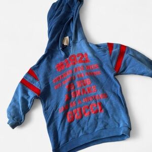 Gucci Kids Blue Hoodie with Red Lettering and Stripes